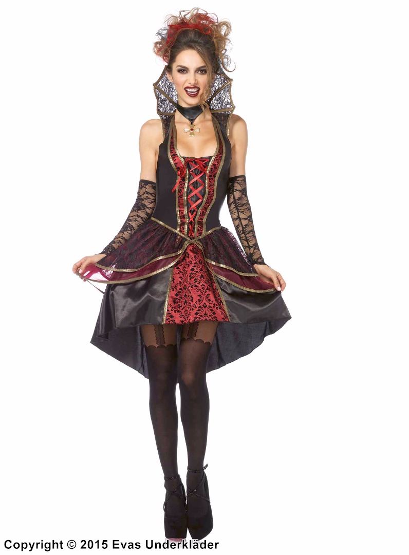 Vampyr-drottning, maskeradklänning med snörning och stående krage